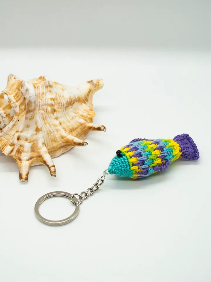 Unique multicolor Fish Keychain, Small rainbow keyring fish, Crochet charm Water animal Patterned fish keyfob