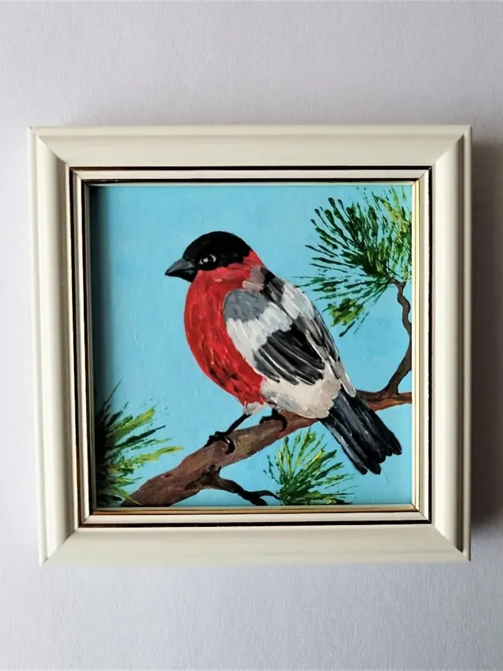 Little bird painting, Bird pictures wall decor, Bullfinch painting very small wall art