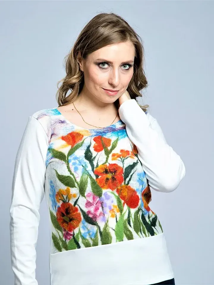 Women's white sweater, Wool felt clothing, Floral sweater original design