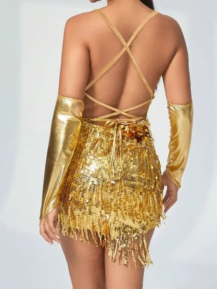 Gold 2PCS Sequin Metallic Fringe Trim Backless Arm Sleeves Bodycon Dress Party Prom Cocktail Wedding Evening Club