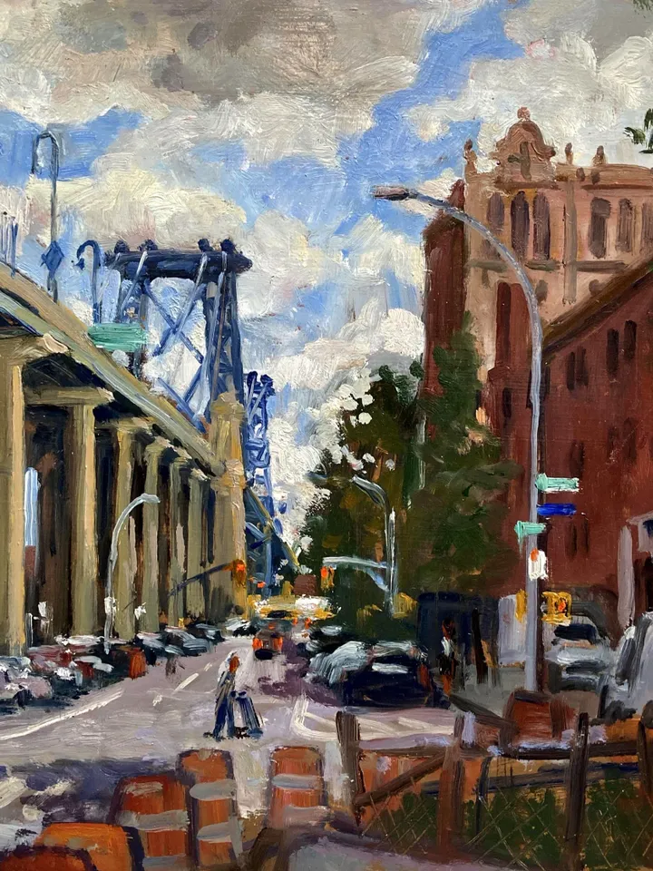 New York Cityscape Painting -Delancey St/Williamsburg Bridge/NYC- 12x16 oil on panel, Signed Original Urban Impressionist Landscape