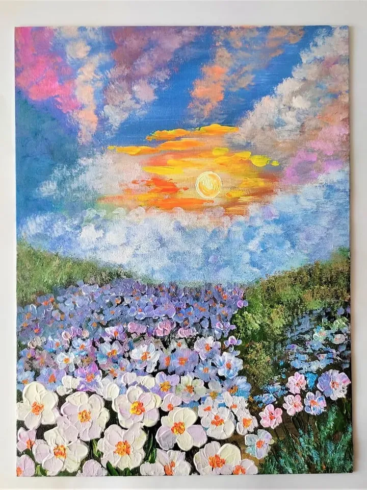 White flower canvas wall art a sunset painting impasto