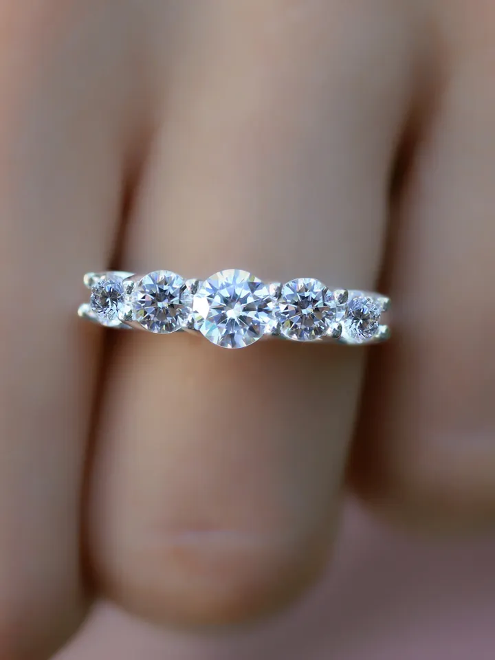 FIVE STONE RING | Round Cut Moissanite Diamond Ring | White Diamond Wedding Band | 14k Solid Gold Engagement Ring | Modern Wedding Ring