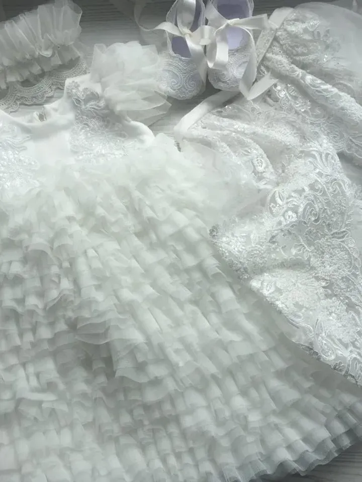 Ivory dress with lace and pearls, headband, shoes for baby girl. Baptism outfit for baby girl. Christening gown for baby girl.