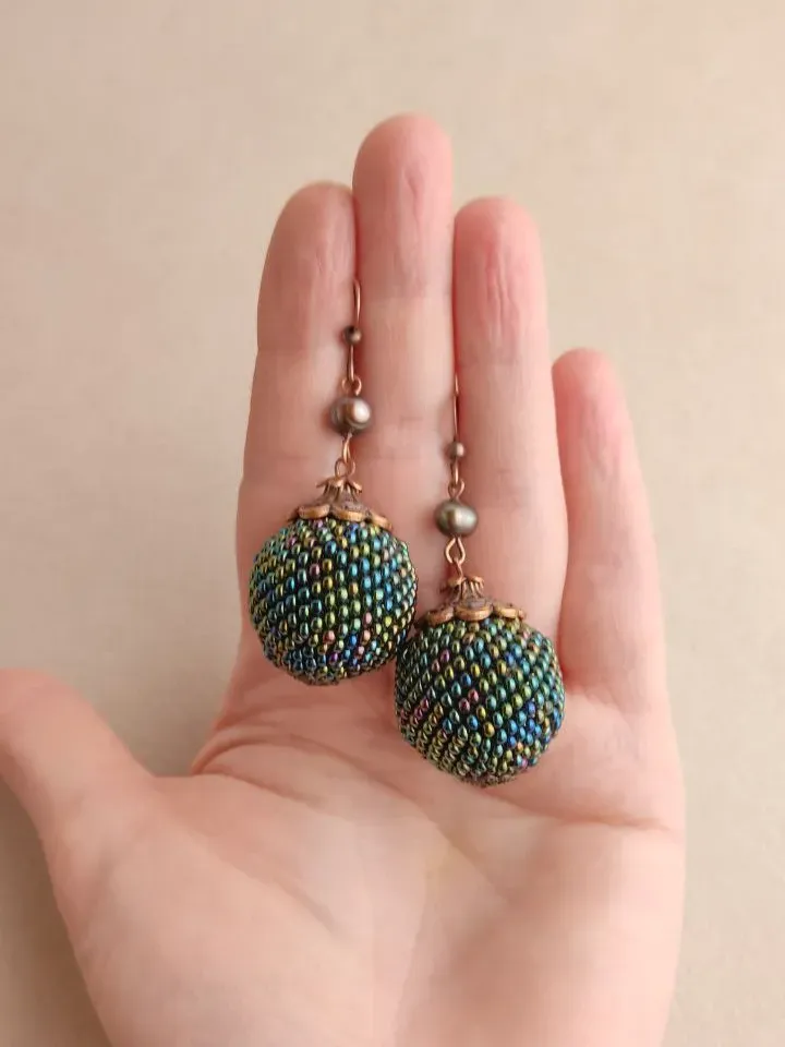 Green earrings balls with pearls earrings beaded earrings dangling drop earrings