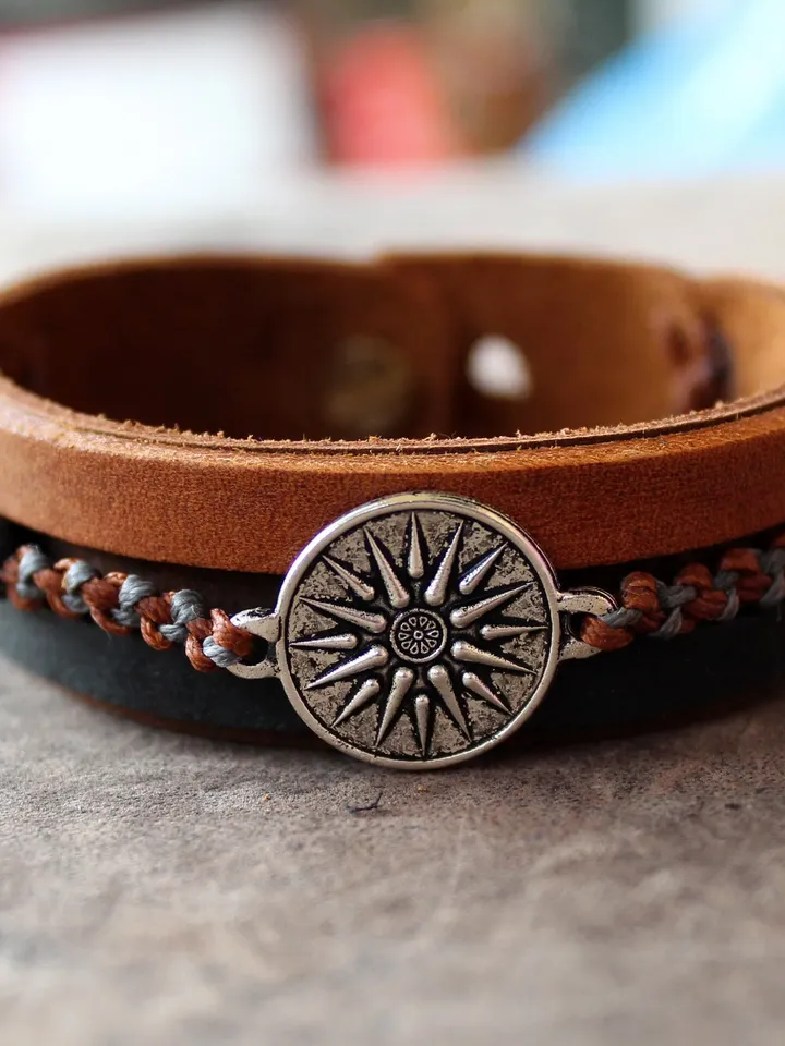 Vergina Sun, Men Leather Strap Bracelet, Double Sided Charm, Alexander the Great, Greek Leather Bracelet, Multistrand, Macrame, Gift for Him