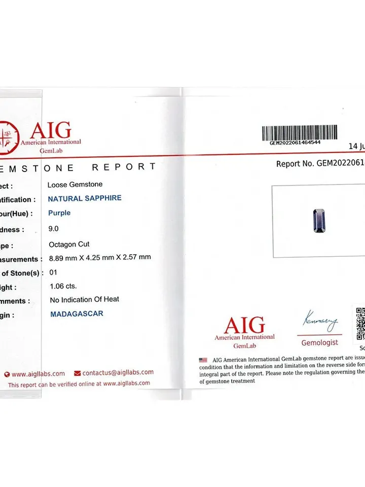 1.06 CT AIG Certified Exclusive Unheated 100% Natural Purple Sapphire Madagascar