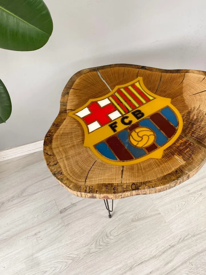 Resin FC Barcelona Oak Coffee Table, Unique Coffee Table, Live Edge Coffee Table