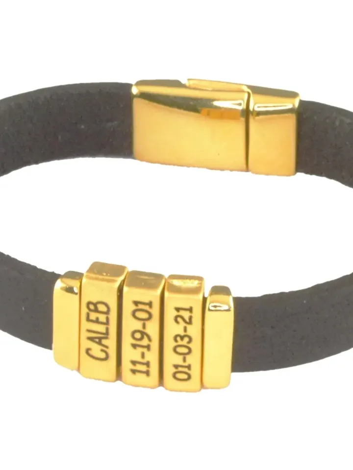 Personalized Baby Stats Bracelet with Multiple Charms Engraved | Leather Bracelet with Custom Engraving | First Time Dad Gift From Wife