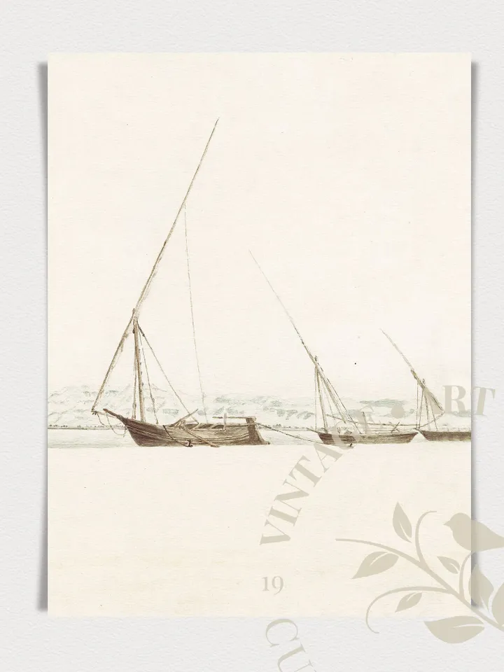 Triptych Wall Art Tropical Coastal Landscape with Boats Set of 3, Muted Vintage Artwork Farmhouse Decor, Printable Digital | #48