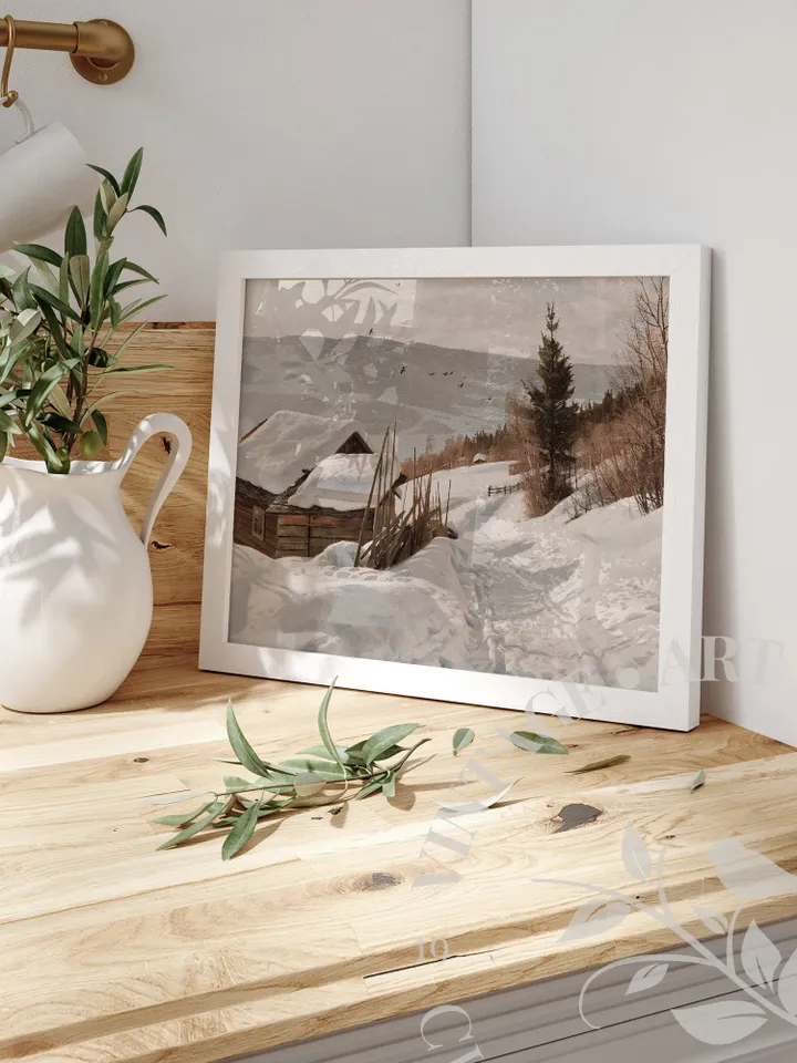 Scandinavian Wall Art Vintage Winter Print, Landscape painting, Rustic Home Decor, PRINTABLE Digital | 222
