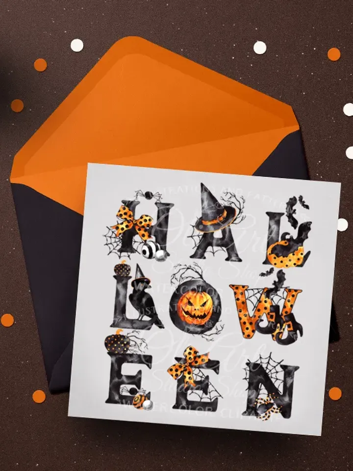 Happy HALLOWEEN clipart. Watercolor Word Halloween. Fall, Hand painted clipart 9 letters. Design Digital Download