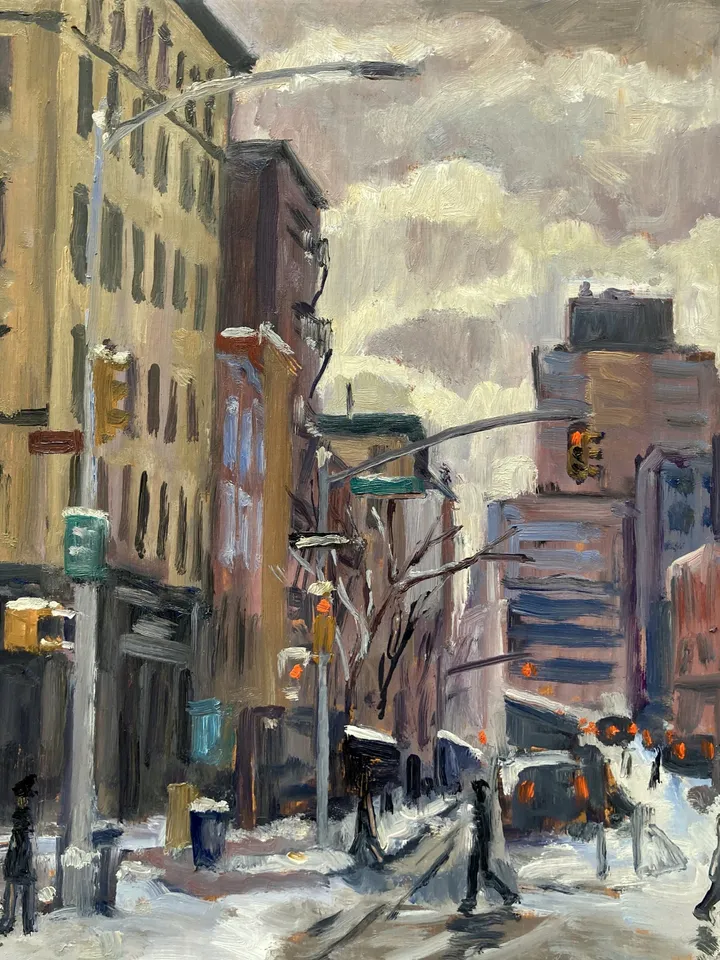 Original East Village Cityscape - Snow on 2nd Avenue/NYC- 8x10 Oil on Panel, New York Winter Impressionist Landscape, Signed Original