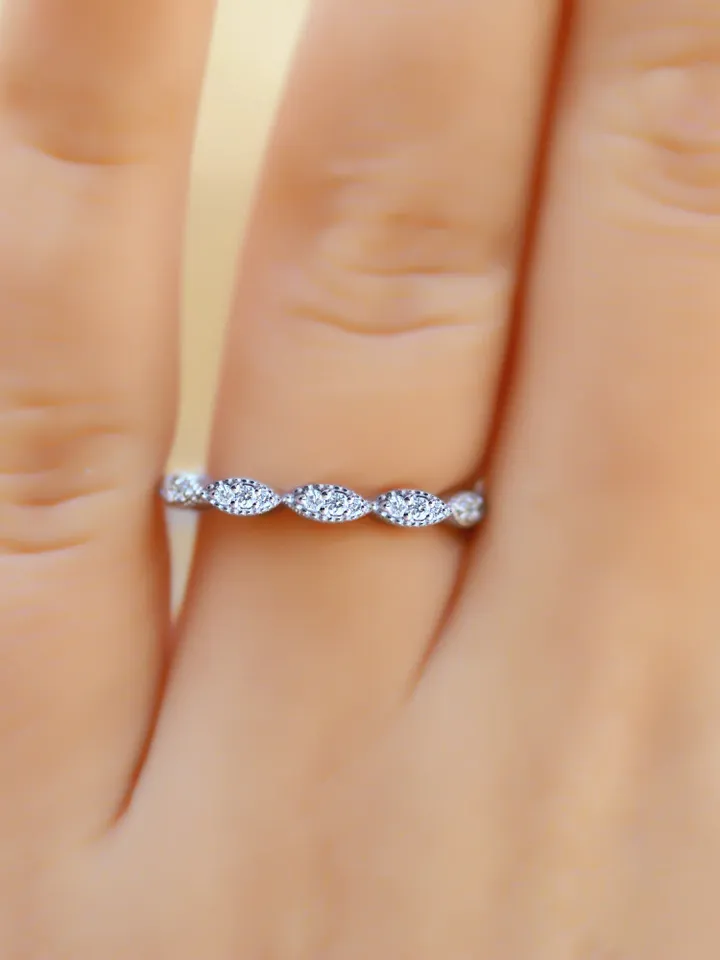 Marquise Shaped Diamond Wedding Band, Diamond Wedding Ring, 14K Solid White Gold Ring, Minimalist Ring, Thin Stacking Ring, Eternity Ring