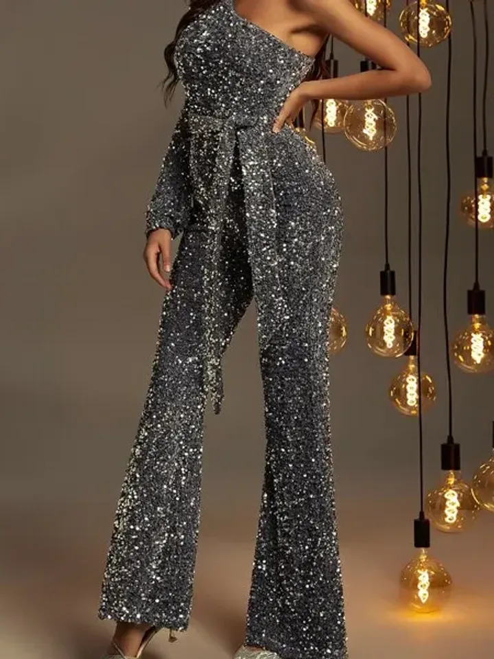 Sequin Asymmetrical Neck Bishop Sleeve One Shoulder Flare Leg Jumpsuit Wedding Party Evening Prom Cocktail Club Xmas Christmas