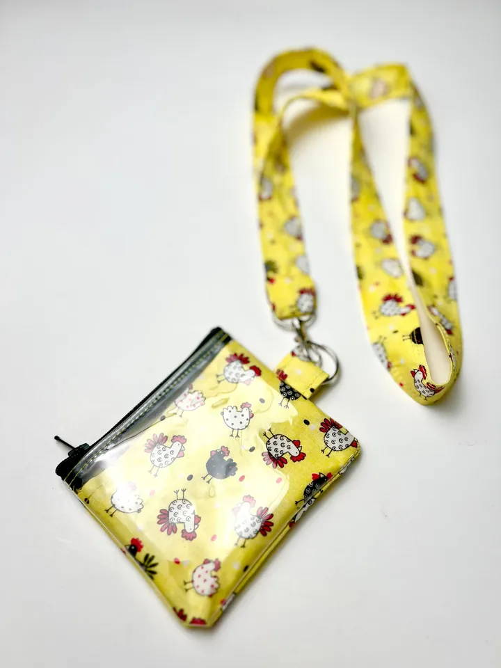 Chicken Theme ID Holder, Fabric Lanyard, Handmade Badge Holder, Zipper Pouch Keychain