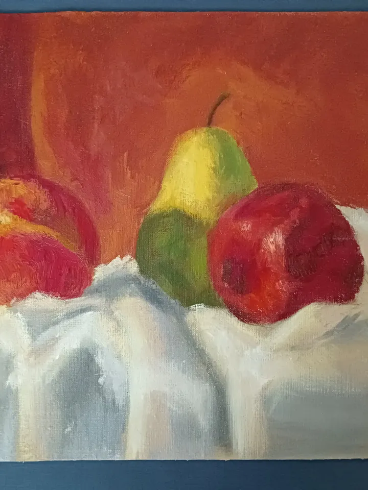 "Peach, pear and pomegranate" fruit oil painting still life original wall art picture small