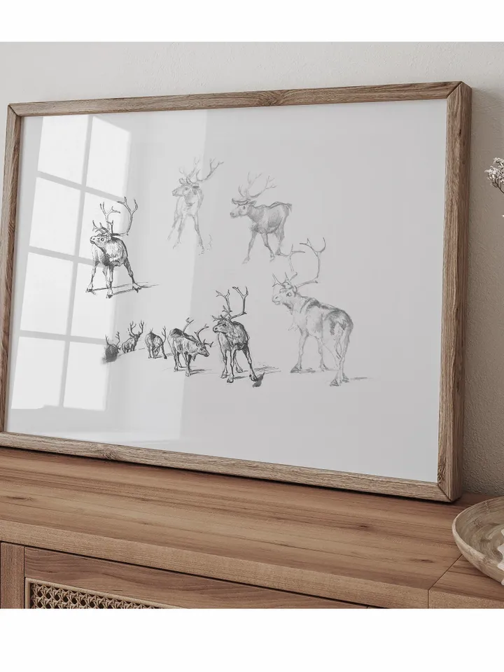 Vintage Christmas Reindeer Sketch Art Print, Digital Winter Wall Decor, Printable | 305