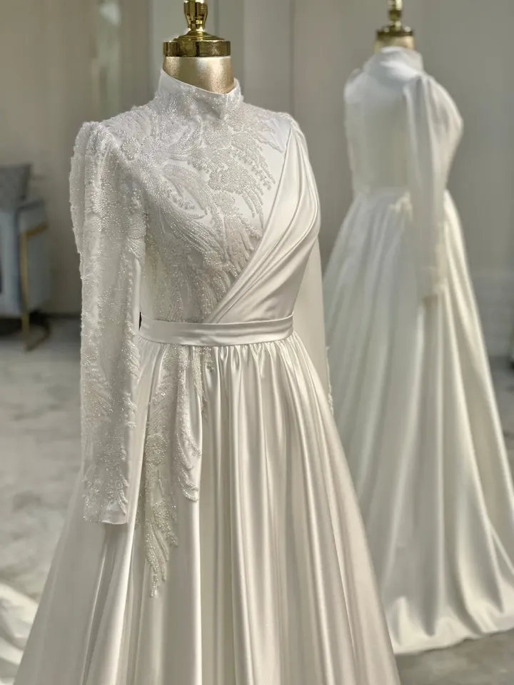 AHUNARE HIJAB - Lara White Satin Embroidered Wedding Dress, Muslim Evening Gown, Nikah, Islamic Wedding, Engagement, Bridesmaid,