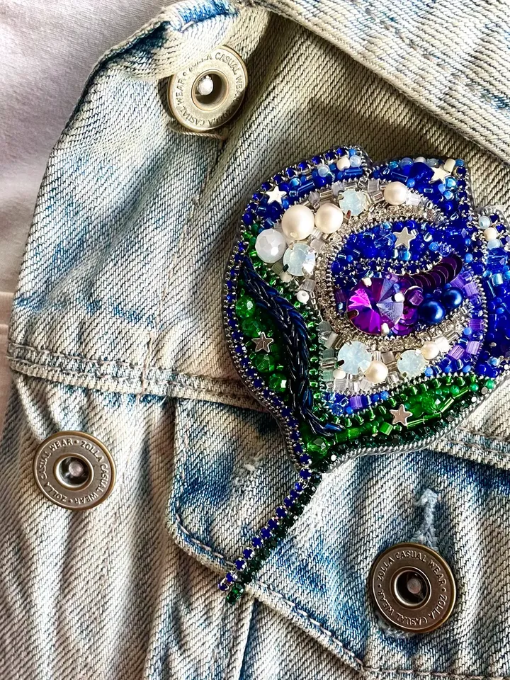 Beaded Flower Brooch, Handmade Embroidered Accessory, Pin Blossom in Blue Color with Half-moon Crescent, Moon Brooch