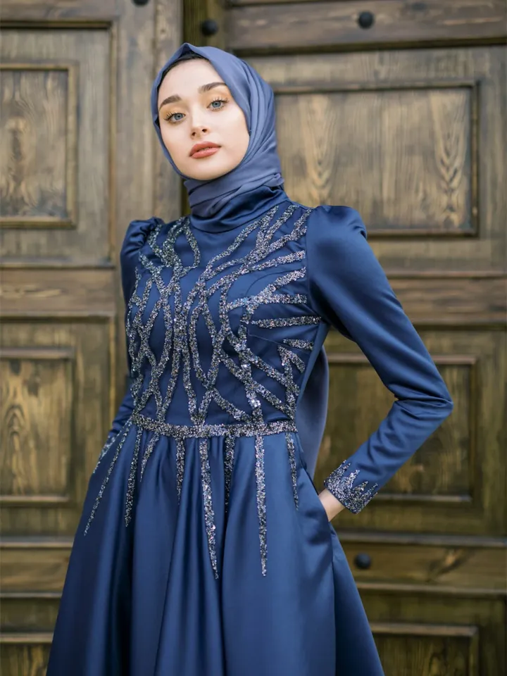 AHUNARE HIJAB - Suyolu  Navy Blue Embroidered  Satin Wedding Dress, Muslim Evening Gown, Nikah, Islamic Wedding, Engagement, Bridesmaid,