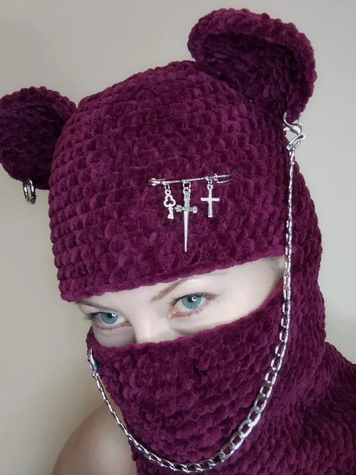 Crazy bear balaclava crochet Goth balaclava with bear ears Trendy balaclava with ears Teens gift Halloween bear mask