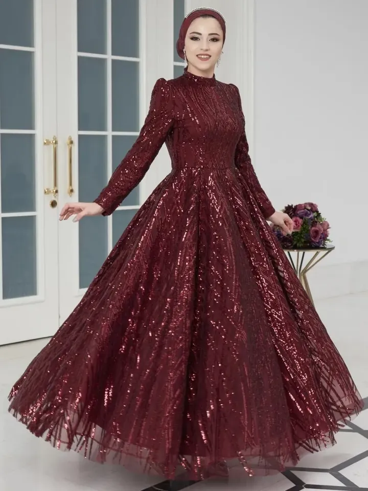 AHUNARE HIJAB - Prenses Burgundy Embroidered Wedding Dress, Muslim Evening Gown, Nikah, Islamic Wedding, Engagement, Bridesmaid,