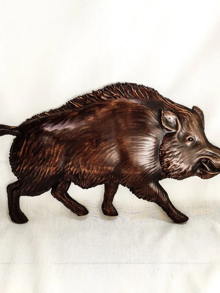 Wild Boar Wall Art Panel, Wooden Carver Panel Wild Boar, Wooden Gift Hunting, 3D carved wood wall art a Boar