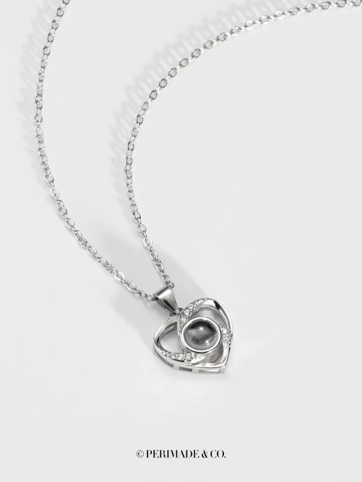 PERIMADE Silver Heart Projection Necklace • Personalized Photo Inside Jewelry • Custom Memorial Photo Pendant • Trendy Best Friend Gift
