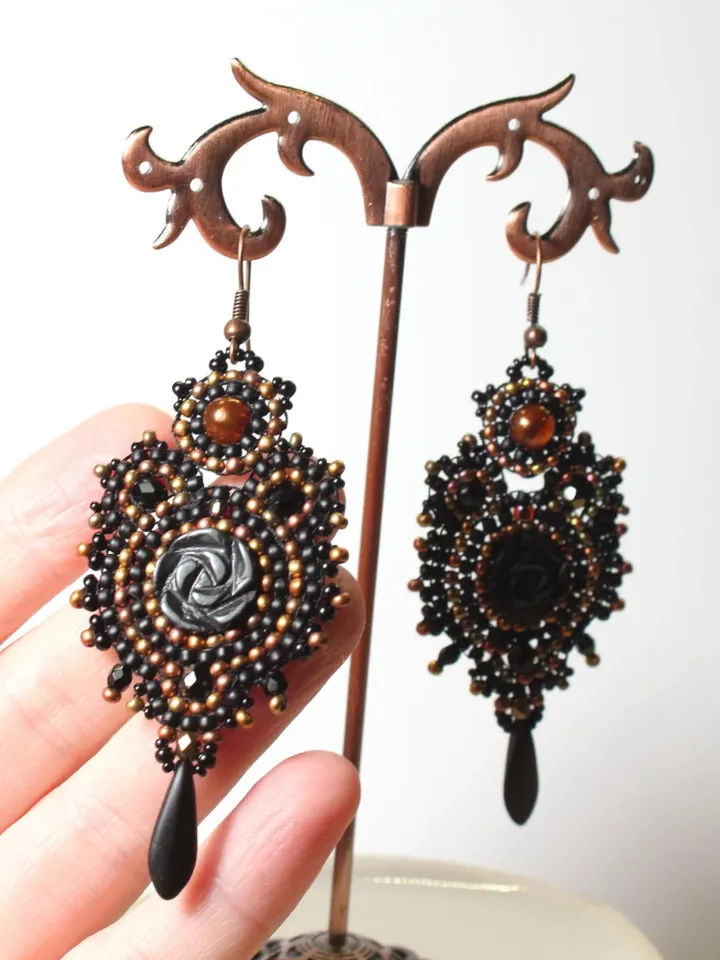 Black agate earrings beaded ethnic boho earrings