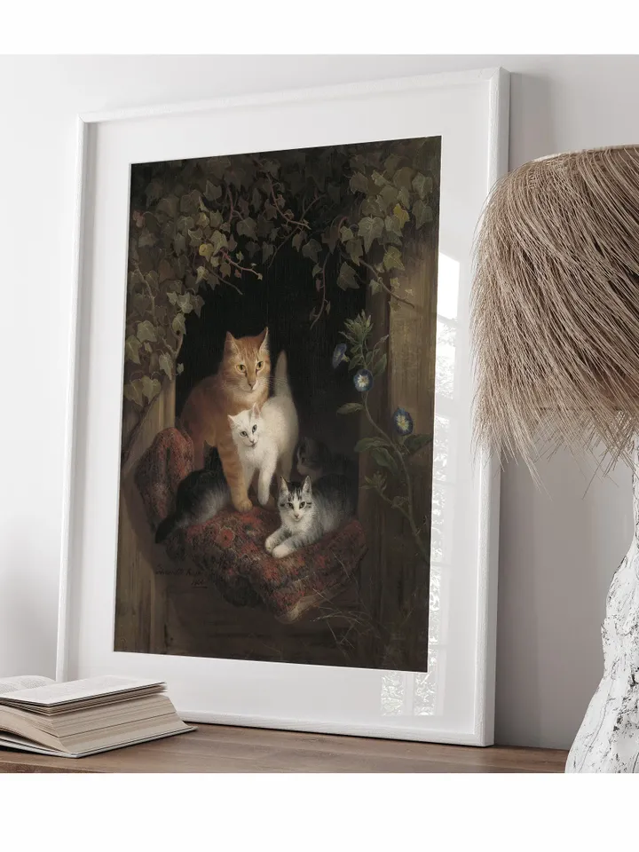 Cat With Kittens Vintage Print, Pets Antique Oil Painting, Printable Wall Art Decor, Downloadable | 384
