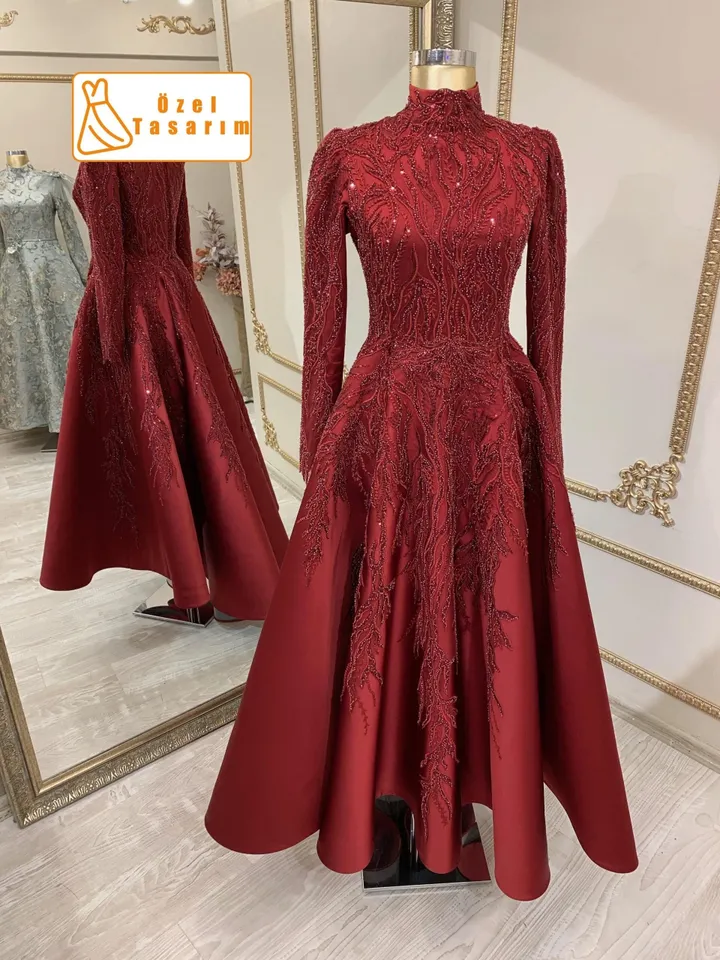 AHUNARE HIJAB - Ela  Burgundy Embroidered Wedding Dress, Mu slim Evening Gown, Nikah, Islamic Wedding, Engagement, Bridesmaid,