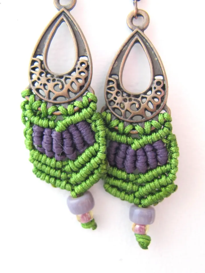Macrame earrings, macrame jewelry, boho earrings, hippie earrings, green earrings, boho chic, hanging earrings, hippie jewelry, gift