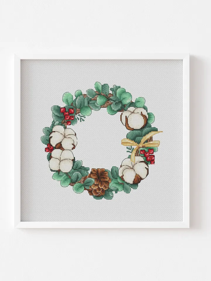 Christmas Wreath Cross Stitch Pattern PDF, Winter Cross Stitch Chart Instant Download, New Year Hand Embroidery Pattern