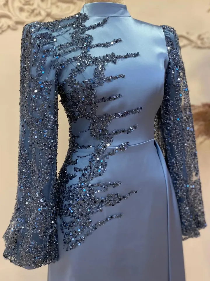 Yaprak Blue Satin Embroidered Side-Tailed Ahunare Wedding Dress, Muslim Evening Gown,Islamic Wedding, Engagement, Bridesmaid, Maxi Dress