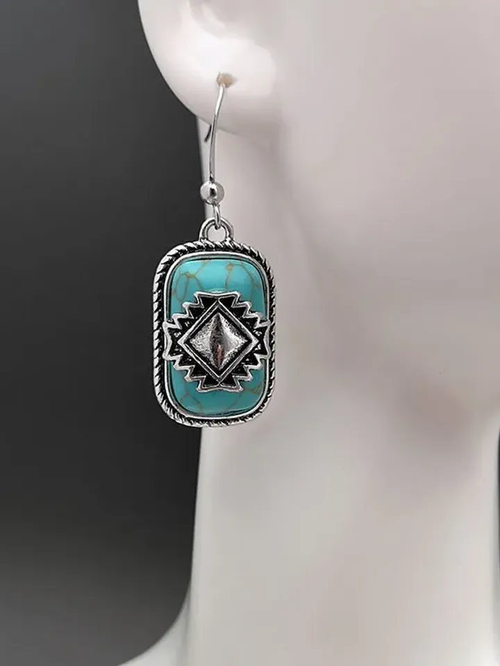 Blue Aztec Earrings, Blue Boho Ethnic Earrings, turquoise boho earrings, turquoise oblong aztec earrings, Turquoise Blue Aztec Boho Earrings