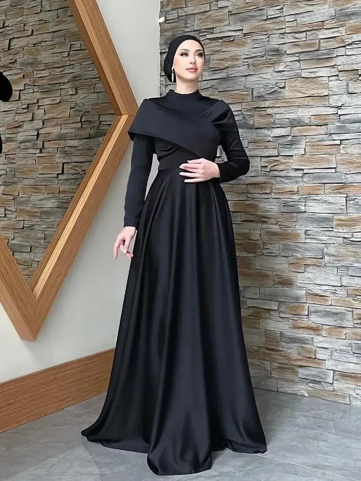 Helen Saten Black Satin Ahunare Wedding Dress, Muslim Evening Gown, Nikah, Islamic Wedding, Engagement, Bridesmaid, Maxi Dress