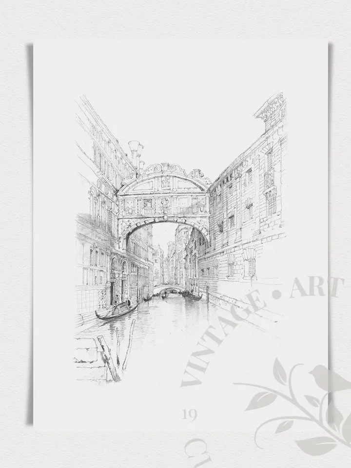 Venice Italy Bridge of Sighs Vintage Sketch, Antique Architecture, PRINTABLE Italian Wall Art, Digital Downloadable Decor | 173