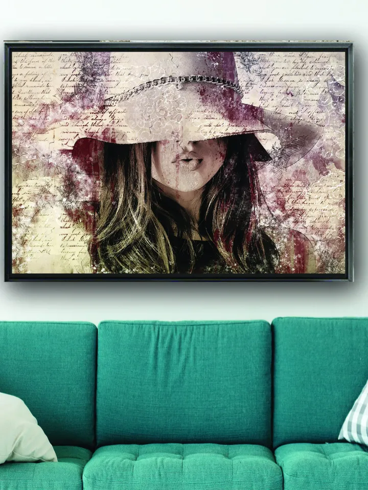 The woman with hat Print on Canvas , Floating Frame Option, Modern Wall Art, Extra Large Canvas Wall Art