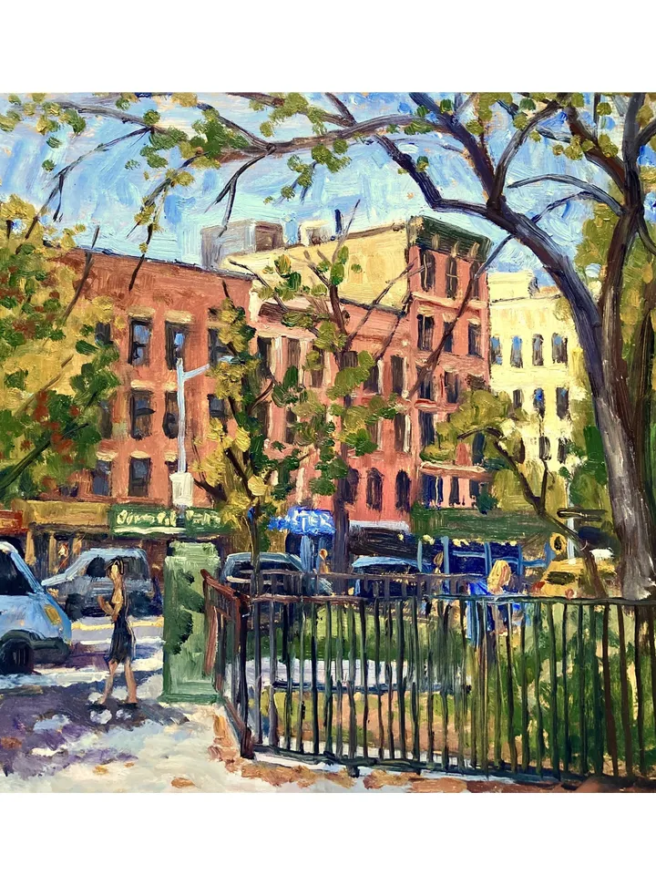 East Village Cityscape Painting - From Tompkins Square Park/NYC - 12x12 Oil on Panel, New York Impressionism, Original Fine Art