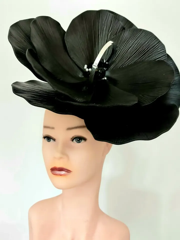 Giant anemone hat Black fascinator Derby headpiece Flower headband Church hat Flower hairpins Gothic style Halloween costume