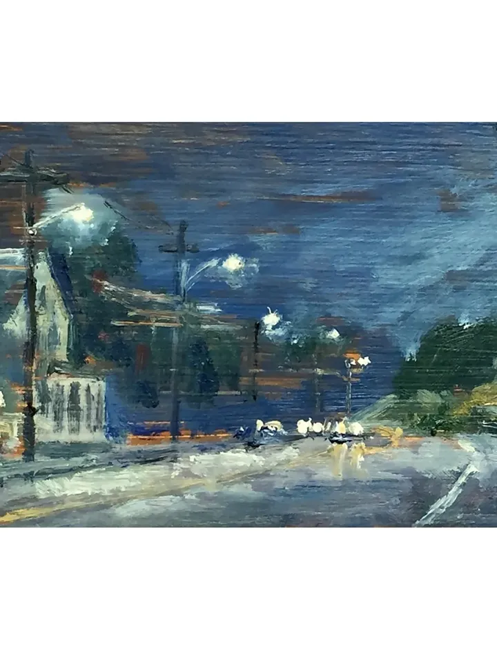 Small Night Scene Painting -American Nocturne- 4x8 Oil on Panel, Plein Air Impressionist Landscape, Signed Original Fine Art