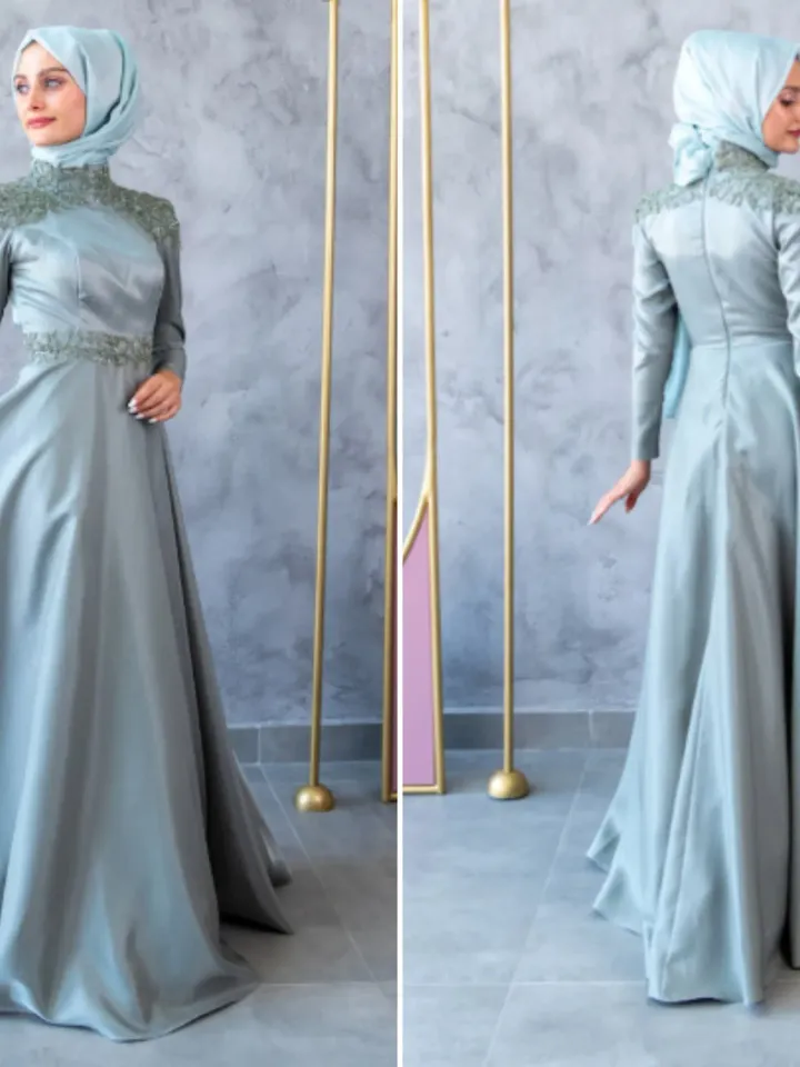 AHUNARE HIJAB - Bade Dress, Satin Dress, Mint Color, Muslim Evening Dress, Nikah, Wedding, Engagement, Bridesmaid, ,