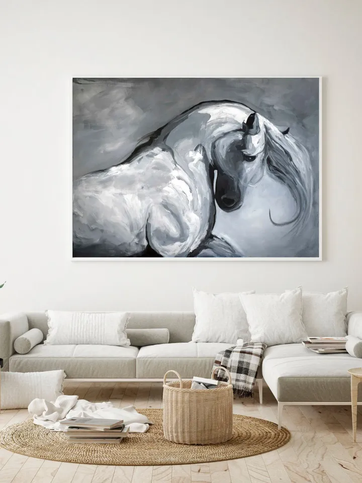 Horse Painting on Canvas, Horse Portrait,Extra Large Horse Painting, Black and White Horse Painting, Handmade Horse Artwork,Horse Lover Gift