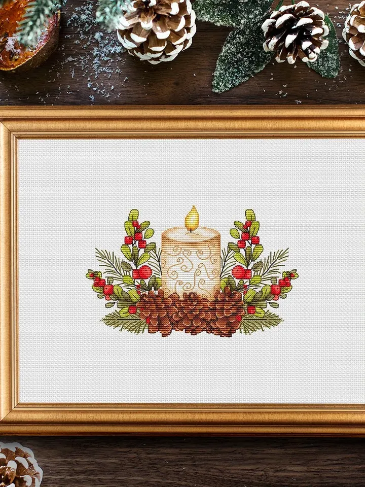 Christmas Candle Cross Stitch Pattern PDF, Winter Cross Stitch Chart Instant Download, New Year Hand Embroidery Pattern