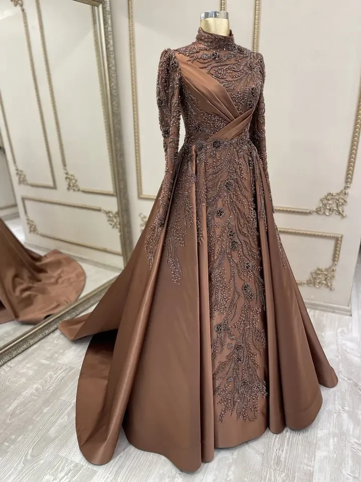 AHUNARE HIJAB - Aden Copper Color Satin Tailed Wedding Dress, Muslim Evening Gown, Nikah, Islamic Wedding, Engagement, Bridesmaid,
