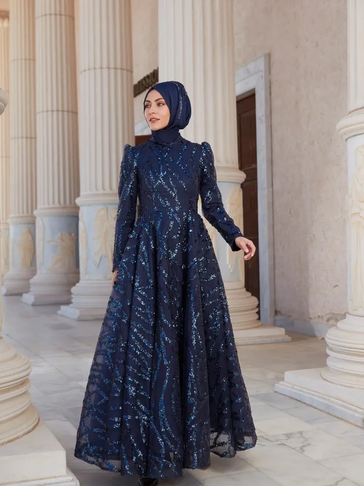 AHUNARE HIJAB - Salkım Navy Blue Embroidered Wedding Dress, Muslim Evening Gown, Nikah, Islamic Wedding, Engagement, Bridesmaid,