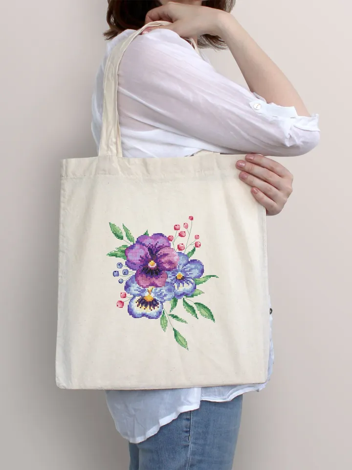 Pansies Cross Stitch Pattern PDF, Pansy Cross Stitch Pattern, Spring Flowers Cross Stitch Pattern, Modern Embroidery Flowers