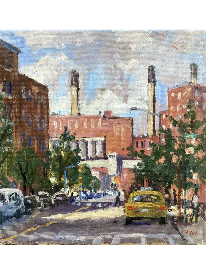 East Village NYC Cityscape Painting -From Avenue D- 8x8 Oil on Canvas, Urban Impressionist Fine Art, Signed Original