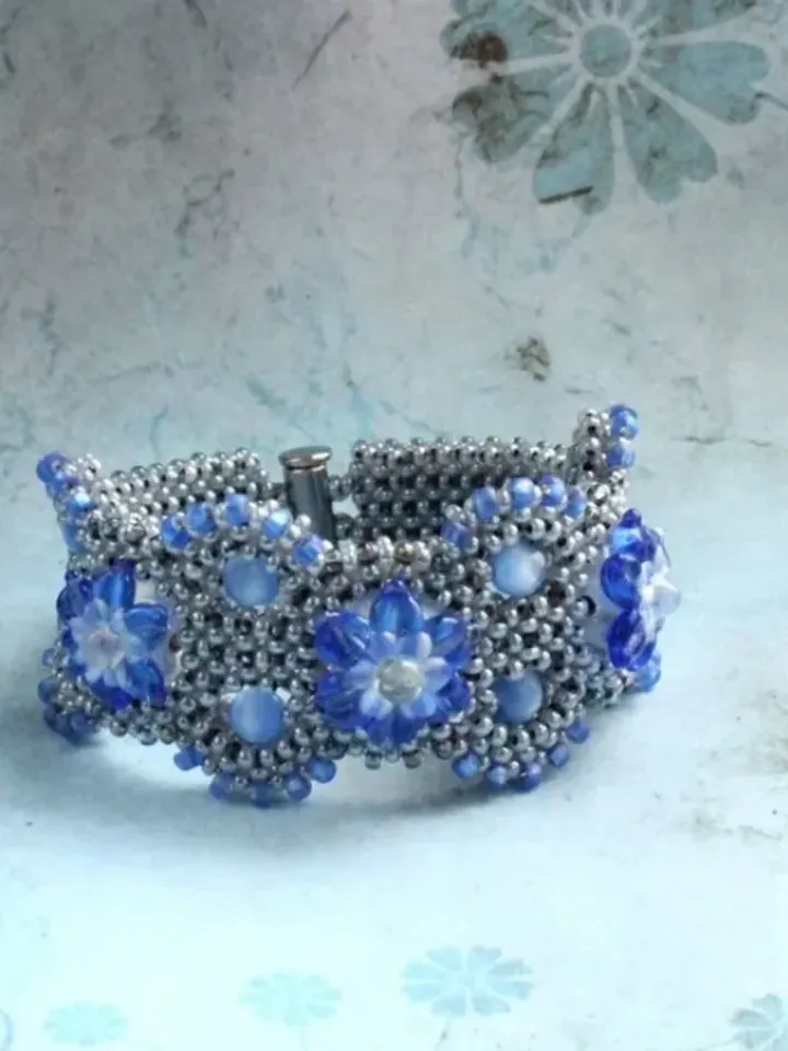 Gray blue cuff flower bracelet lampwork beads beaded bracelet